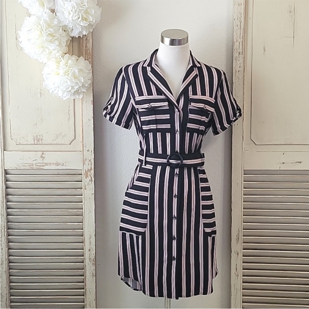 Anthropologie Hutch pink and black striped  button down shirt dress  size XS